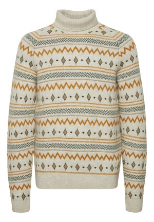 Light beige turtleneck sweater with a patterned design featuring green, orange, and brown accents, including diamonds and zigzag stripes.
