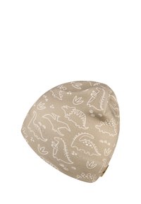 Beanie hat in light beige with white dinosaur illustrations. Soft fabric, rounded shape, featuring various dinosaur designs and small plant accents.