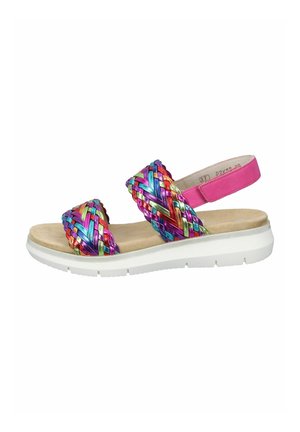 Sandalo intrecciato con cinturini sintetici multicolore, dettagli rosa e suola in gomma bianca. Presenta una soletta imbottita per il comfort.