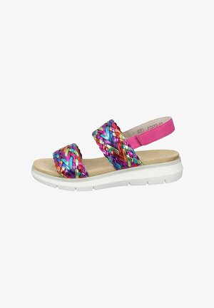 Sandalo intrecciato con cinturini sintetici multicolore, dettagli rosa e suola in gomma bianca. Presenta una soletta imbottita per il comfort.