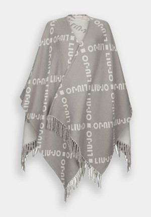 Poncho grigio con motivo a logo bianco, tessuto morbido e strutturato, bordi frangiati e forma triangolare con apertura a V sul collo.