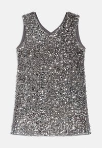 Ujjatlan szürke tank top, amelyet számos ezüst flitter díszít, V-kivágású kialakítással és sima belső béléssel.