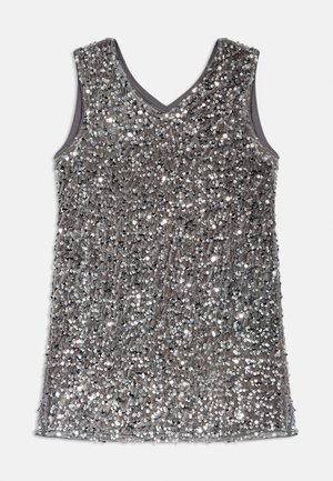 Bezramenný šedý tank top zdobený nesčetnými stříbrnými flitry, s designem do V a hladkou vnitřní podšívkou.