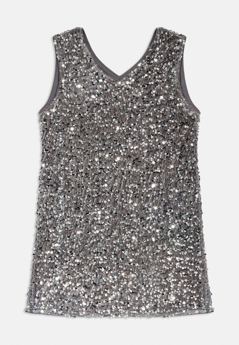 Ujjatlan szürke tank top, amelyet számos ezüst flitter díszít, V-kivágású kialakítással és sima belső béléssel.