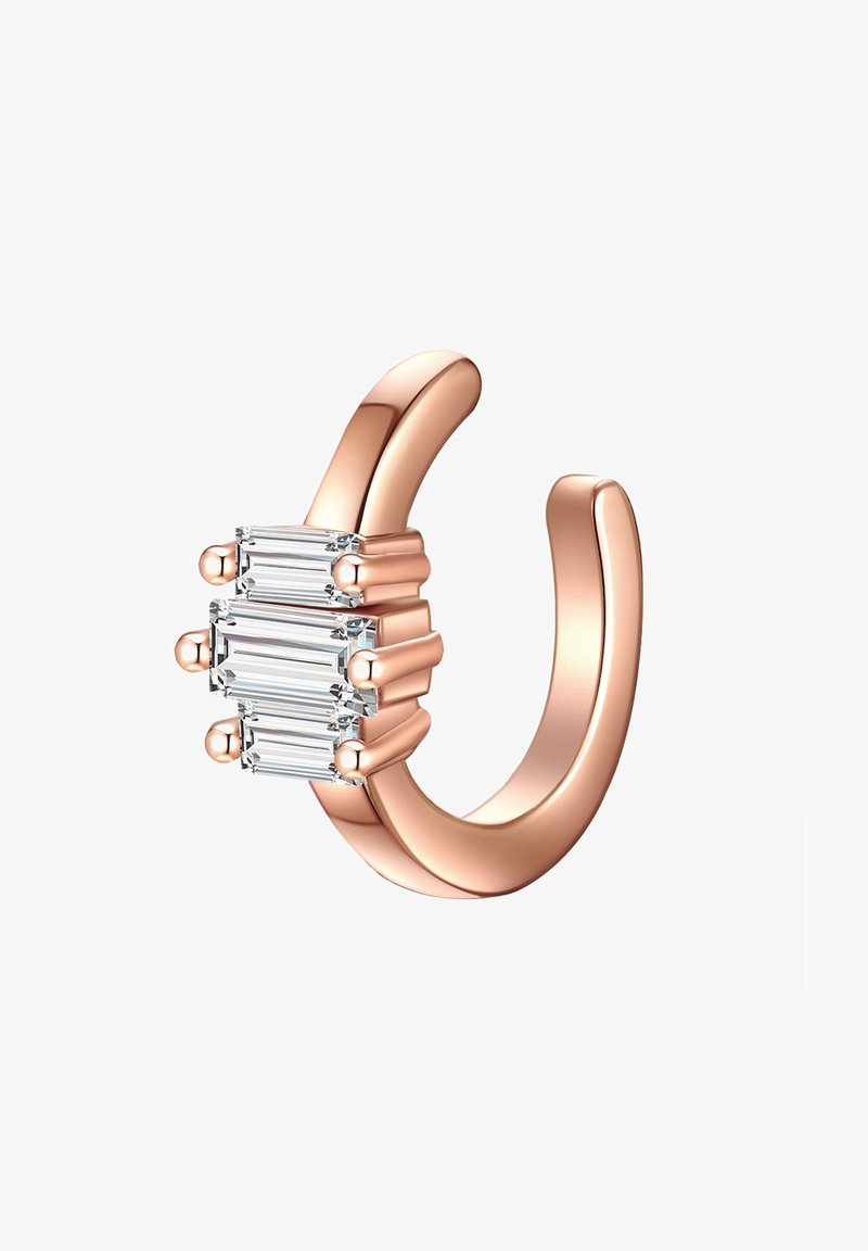 Ring aus Roségold mit drei rechteckigen klaren Steinen, die horizontal angeordnet sind. Die Steine haben abgerundete Enden und eine glatte Oberflächenstruktur.