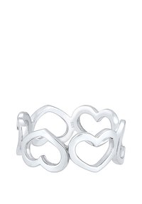 Sølv ring med sammenknyttede hjerteformer, åben design, glat overflade og poleret finish. Stemplet med "925" for sølv ægthed.
