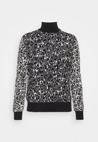 Pull noir et blanc à motif léopard avec un col montant, des poignets et un ourlet côtelés. Confectionné en tissu tricoté texturé.