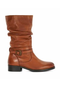 Bottine en cuir marron, décontractée, à bout rond, avec un petit talon et une sangle à boucle réglable autour de la cheville. Texture lisse.