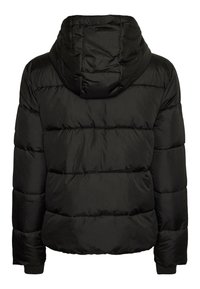 Veste d'hiver noire matelassée avec quilting horizontal et capuche attachée, vue de dos.