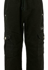 Pantalons cargo noirs avec plusieurs poches et taille à cordon, comportant des détails en métal sur les boutons et une petite étiquette de marque brodée.