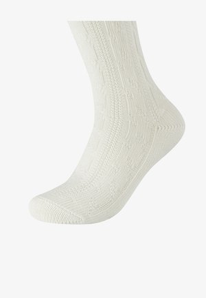 White knitted sock with a textured pattern, featuring a rounded toe and ribbed cuff, showcasing fine stitching details.