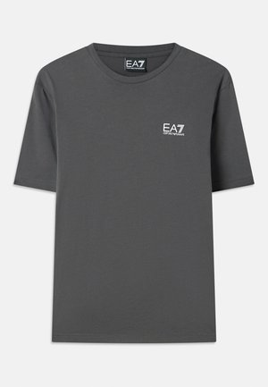 Gray short-sleeve T-shirt made of cotton. Features a crew neckline and a small white EA7 logo on the chest. Flat hem finish.
