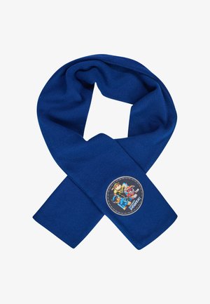 Blue knitted scarf featuring a round patch with colorful cartoon characters. Smooth texture with a consistent color and soft appearance.