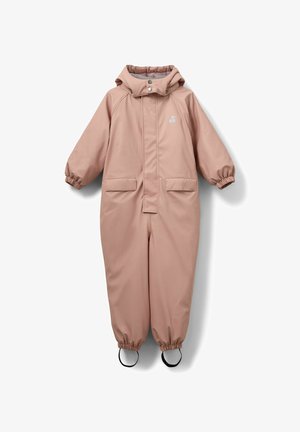 Waterdichte roze kinderoverall, met capuchon en elastische manchetten, voorste drukknoopsluiting, twee grote zakken en een klein logo op de borst.