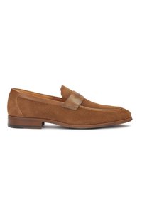 Brown suede loafers with a leather strap, rounded toe, and a low stacked heel. Textured upper and smooth accents for contrast.