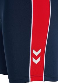 Marinblå badshorts med en röd rand på sidan och vit kantlist, med ett vitt vinklat mönster, tillverkade av ett mjukt och elastiskt tyg.