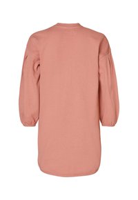 Langärmliges, pullover Oberteil aus weichem, pinkfarbenem Stoff. Verfügt über einen runden Ausschnitt, geraffte Ärmel und eine gerade Passform. Glatte Textur, minimalistische Details.
