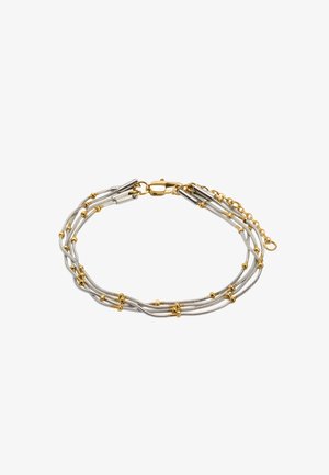 Bransoletka z wieloma nitkami w odcieniach srebra i złota, z skręconymi metalowymi kablami, złotymi koralikami akcentowymi oraz zapięciem na karabińczyk.