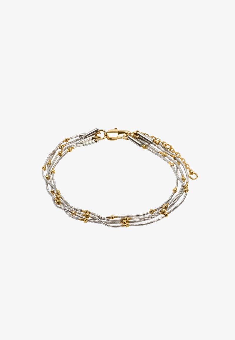 Bransoletka z wieloma nitkami w odcieniach srebra i złota, z skręconymi metalowymi kablami, złotymi koralikami akcentowymi oraz zapięciem na karabińczyk.