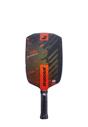 Babolat SIRKR+ padel med et sort og orange design, tekstureret overflade, ergonomisk greb og en bred rektangulær form til spil.