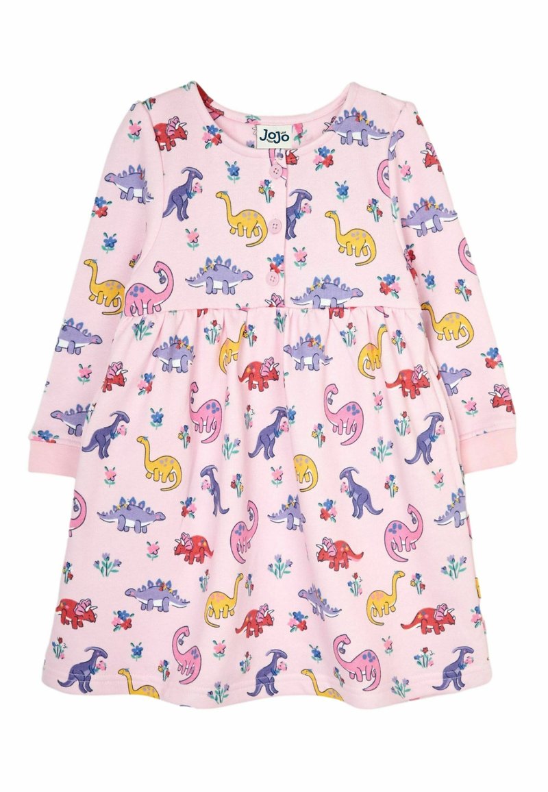 Langärmliges Kleid aus pinkem Baumwollstoff mit einer Vielzahl von bunten Dinosaurier- und Blumenmustern, mit Rundhalsausschnitt und Knopfverschluss.