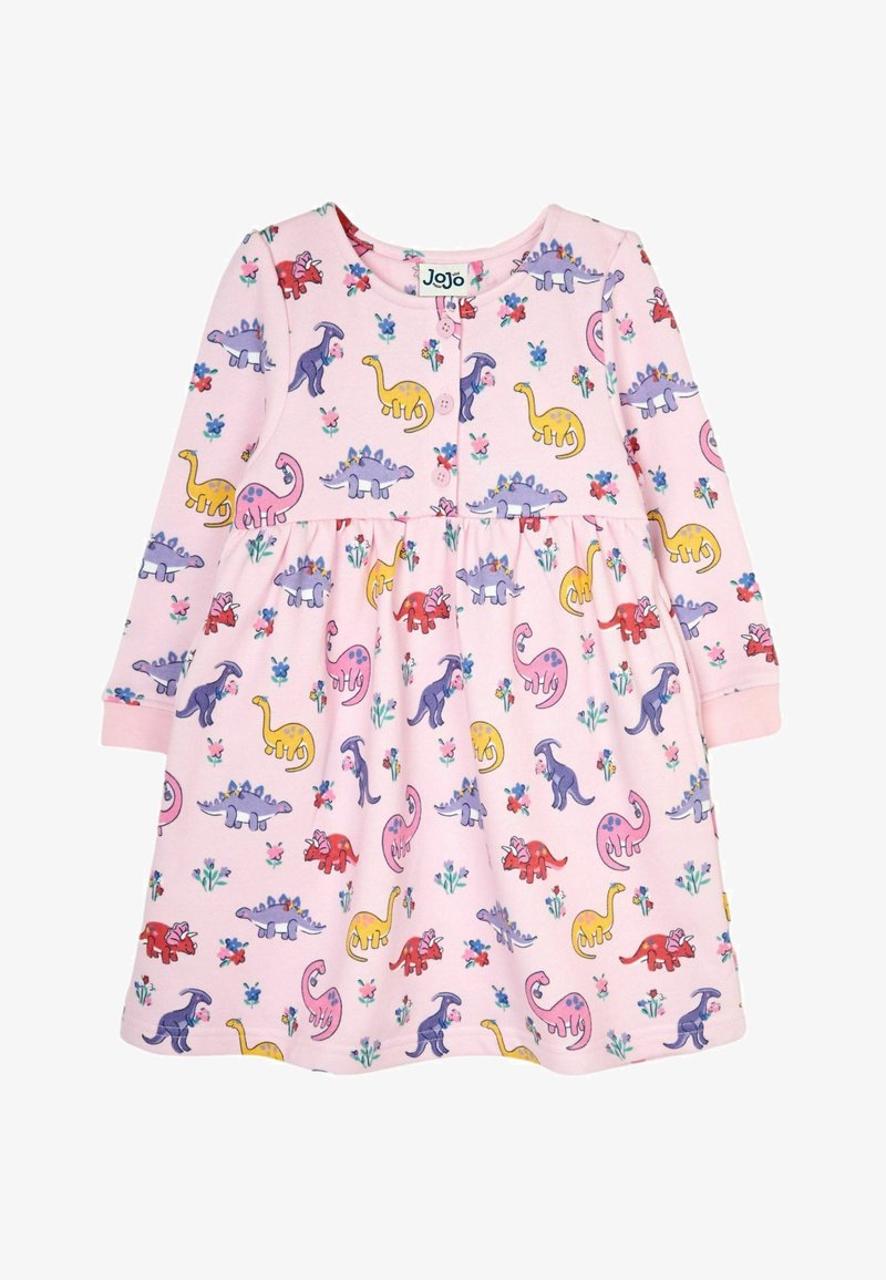 Robe à manches longues en coton rose avec une variété d'imprimés colorés de dinosaures et de fleurs, comportant un col rond et une fermeture à boutons.