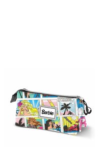 Trousse à crayons présentant des illustrations colorées de style bande dessinée de personnages, principalement en rose, noir et bleu, avec une fermeture éclair noire et un logo "Barbie".