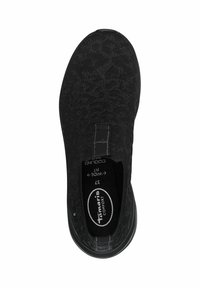 Black slip-on shoe featuring a textured knit upper with a subtle pattern, elastic side loop for easy wear, and a cushioned insole.