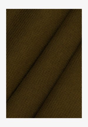 Oliivinvihreä joustinneulospinta, jossa on teksturoitu pinta, vinot taitokset ja sileä, joustava laatu.