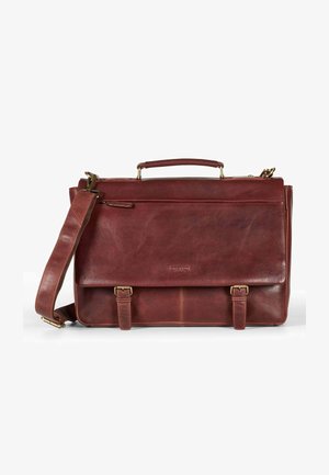 Læder messenger taske i dyb burgundy. Har et top håndtag, aftagelig skulderrem, frontklap med to spænder og en glat tekstur.