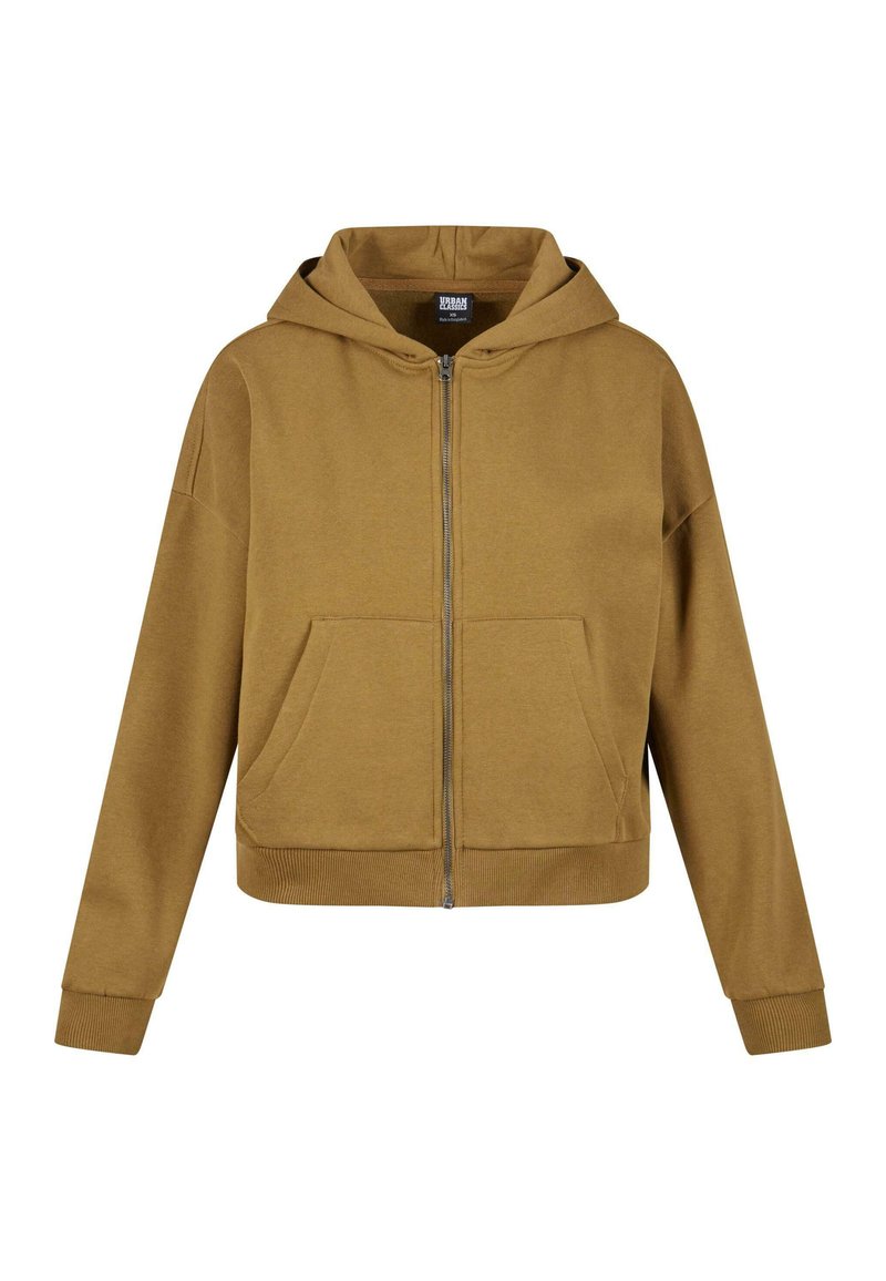 Haut de sweatshirt zippé marron en tissu doux, avec une grande capuche, des poches avant et des poignets et ourlet côtelés pour un look ajusté.