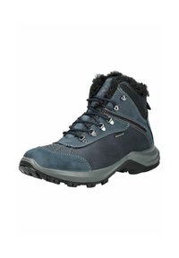 Scarponi da trekking in pelle blu scuro, con colletto in pelliccia, suola in gomma grigia e occhielli in metallo con lacci. Superficie testurizzata e cuciture a contrasto.
