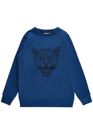 Sweatshirt bleu en mélange de coton avec un motif brodé de tête de tigre sur le devant. Col et poignets côtelés. Coupe décontractée.