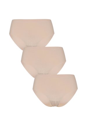 Tre slip da donna beige senza cuciture a vita alta disposti in una pila sfalsata su sfondo bianco.