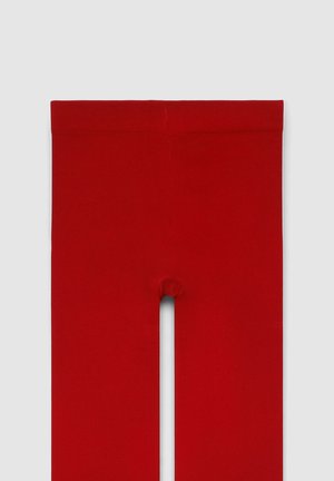 Calze rosse esposte piatte. Realizzate in tessuto liscio ed elasticizzato con un design senza cuciture. Presentano un'area della punta rinforzata e nessun motivo visibile.