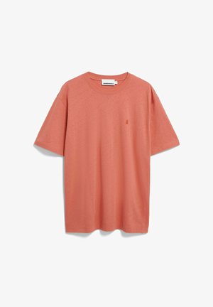 Korallenrosa übergroßes Kurzarm-T-Shirt aus Baumwolle mit Rundhalsausschnitt und kleinem gesticktem Logo auf der linken Brust.