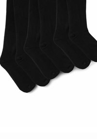 Calze nere fino al ginocchio esposte in fila, con una texture liscia, materiale morbido, presentano una punta arrotondata e un polsino elasticizzato per una vestibilità ottimale.