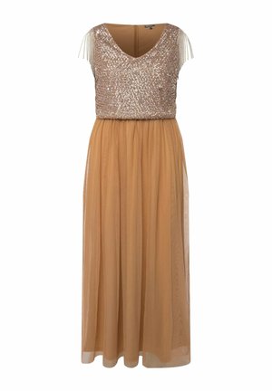 Ulla Popken, ROBE MAXI À PAILLETTES, SANS MANCHES, DÉCOLLETÉ EN V - Cocktailkjole / festkjole - chameau