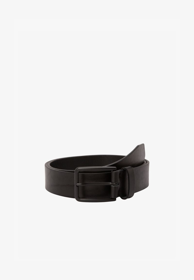 Black leather belt featuring a matte black metal buckle, flat shape, and smooth texture with no visible patterns or accents.