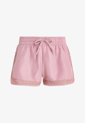 Lichtroze sportshorts met een elastische tailleband, trekkoord en kantdetails aan de zoom. Gemaakt van een glad, lichtgewicht materiaal.