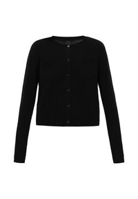 Musta neulecardigan, jossa on pyöreä pääntie, pitkät hihat, kaksi etutaskua ja napitus. Valmistettu pehmeästä, tekstuuripintaisesta materiaalista.