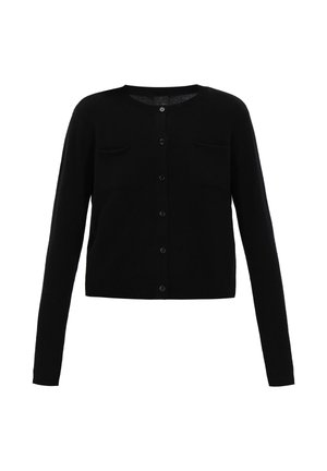 Schwarzer Cardigan mit Rundhalsausschnitt, langen Ärmeln, zwei vorderen Taschen und Knopfverschluss. Hergestellt aus einem weichen, strukturierten Material.