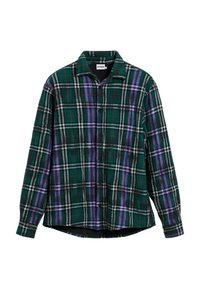 Grünes Kariertes Hemd mit lila, weißen und schwarzen Akzenten, Knopfleiste, langen Ärmeln und einem weichen, strukturierten Stoff.