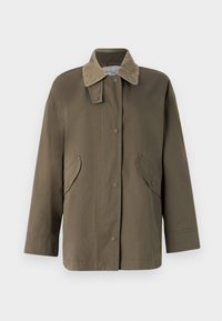 Olivově zelená bunda s knoflíkovou légou, dvěma postranními kapsami a manžetovým límcem. Hladká tkanina, volný střih a dlouhé rukávy.