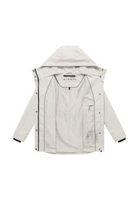 Heledat halli kapuutsiga jope trukkidega, sisemine lukuga tasku, musta ääristusega varrukatel ja sees nähtav kaubamärgiga silt "MARIKOO".