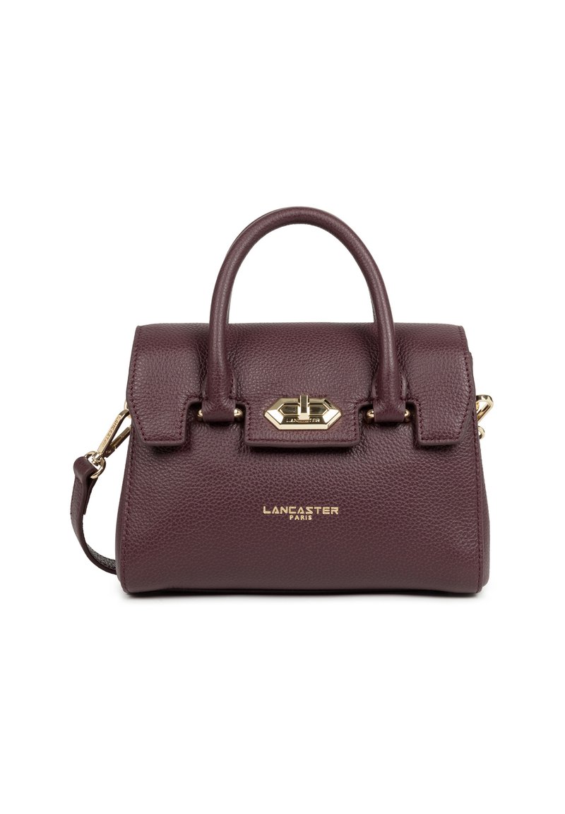 Borsa in pelle borgogna con design strutturato, hardware dorato, doppio manico e tracolla regolabile. Presenta il logo impresso sul davanti.