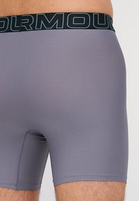 Šedé boxerky vyrobené z textúrovanej látky, s čiernym pásom, na ktorom je v tyrkysovom písmene napísané "UNDER ARMOUR".