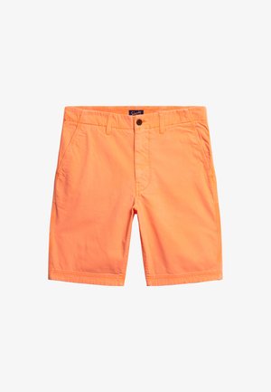 Orange Baumwollshorts mit Knopfverschluss, zwei Seitentaschen und einer glatten Textur. Klassisches Design mit genähten Säumen.