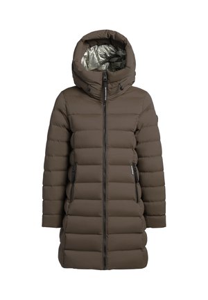 Dunkelbraune Pufferjacke mit Kapuze, horizontal gequiltet, mit durchgehendem Reißverschluss und seitlichen Reißverschlusstaschen. Silbernes Futter innen.