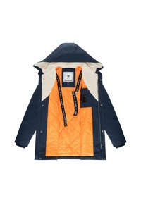 Giacca blu navy con fodera arancione trapuntata, colletto in shearling e cappuccio regolabile con cordoncino. Presenta etichette con il marchio e una tasca sul petto.